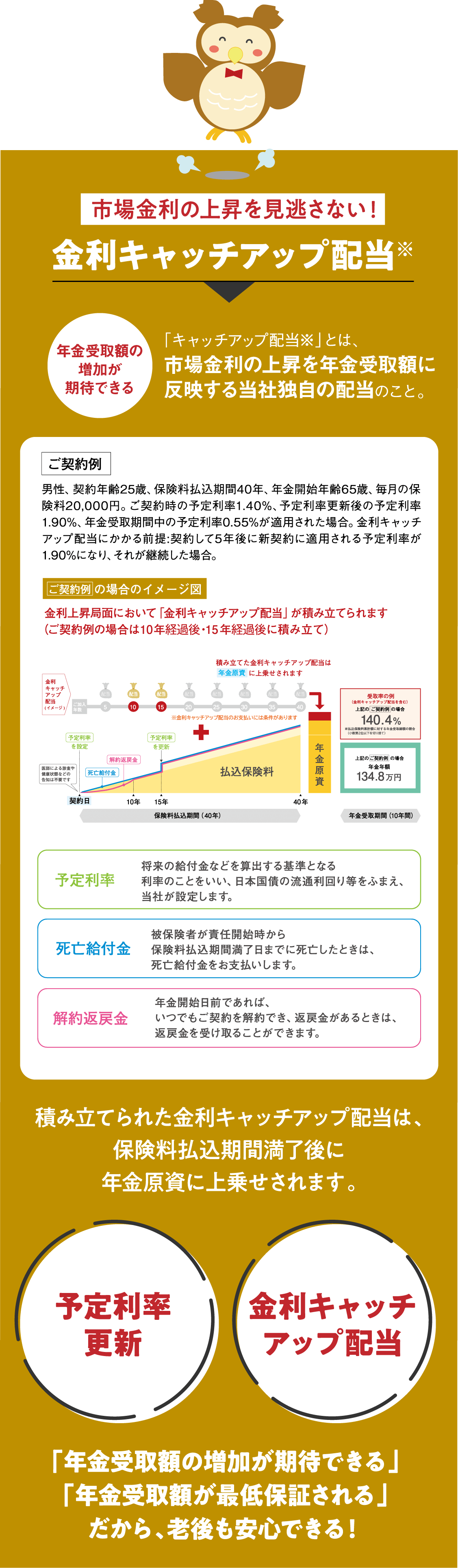 市場金利の上昇を見逃さない！キャッチアップ配当※ 「キャッチアップ配当※」とは、市場金利の上昇を年金額に反映する配当のこと。　積み立てられた金利キャッチアップ配当は、保険料払込期間満了後に年金原資に上乗せされます。「年金受取額の増加が期待できる」「年金受取額が最低保証される」だから、老後も安心できる！